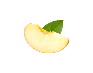 A single fresh slice of a ripe peach with yellow flesh red skin and a green leaf.