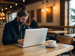 Focused Man Working on Laptop in Warmly Lit Coffee Shop