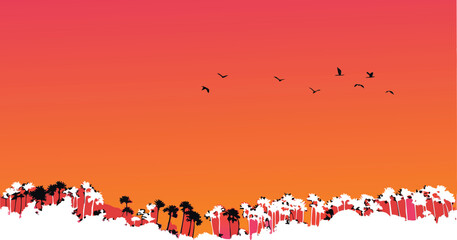 Taiga forest silhouette at sunset with birds and trees