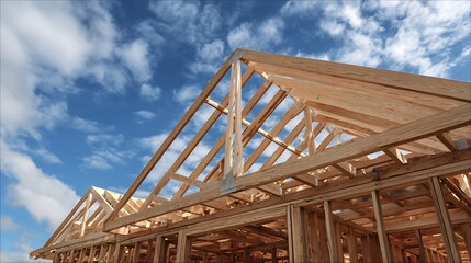 Building Frame Construction with Wood and Blue Cloudy Sky