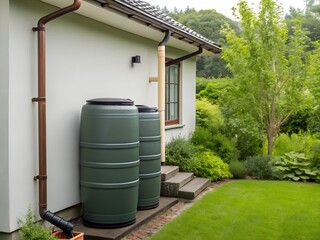 Obraz premium Green Plastic Rainwater Harvesting Barrels Beside a House