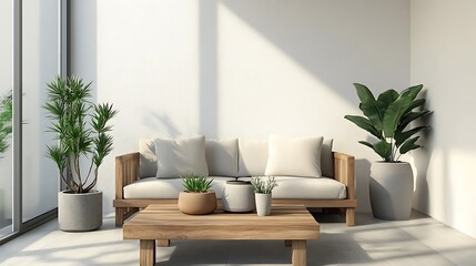 Minimalist Scandinavian balcony setup with wooden furniture