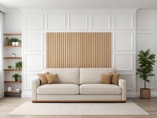 Modern Minimalist Living Room Interior with Beige Sofa and Wooden Wall Paneling