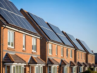 Fototapeta premium Row of Brick Houses with Solar Panels on Rooftops under Bright Sunlight