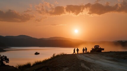 Fototapeta premium Silhouettes of workers and machinery stand against golden sunset over serene lake