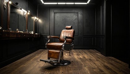 Stylish vintage barber chair in modern barbershop interior, professional hairstylist setting. Masculine vibe, perfect for beard grooming, men’s grooming concept, sleek and elegant atmosphere