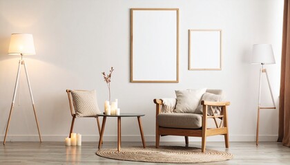 A compact studio apartment corner featuring a neutral-toned accent chair, small side table with candles, and two vertical blank poster frames on a cream-colored wall.