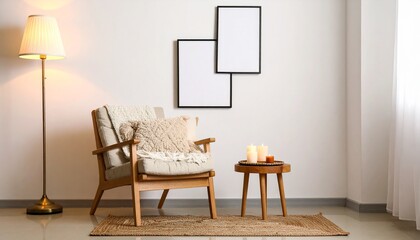 A compact studio apartment corner featuring a neutral-toned accent chair, small side table with candles, and two vertical blank poster frames on a cream-colored wall.