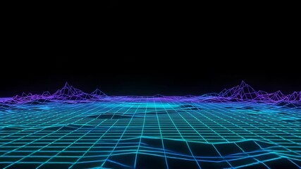 A neon blue and purple wireframe grid landscape stretches into the distance under a dark sky - Powered by Adobe