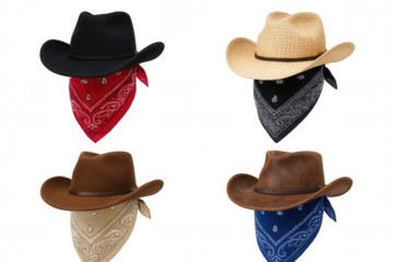 Four Cowboy Hats and Bandanas Displayed Individually, Showcasing Diverse Styles and Colors for Western Fashion