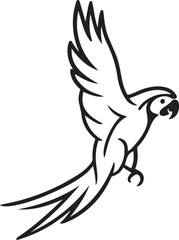 Flying macaw parrot line art vector, Black and white bird illustration