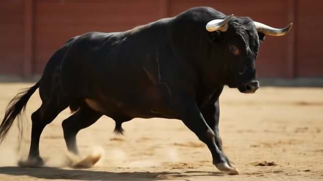 Powerful Bull in Motion - A striking video of a strong black bull running through a sandy arena, showcasing its muscular build and impressive horns.