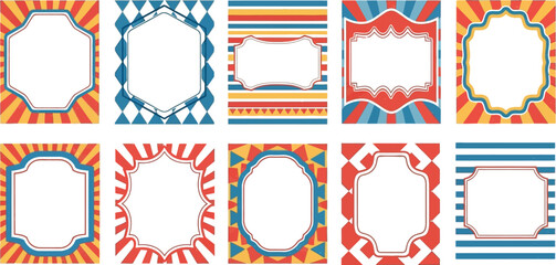 Collection of vintage circus themed decorative frames and borders with vibrant colors and patterns