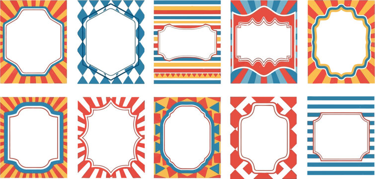 Collection of vintage circus themed decorative frames and borders with vibrant colors and patterns