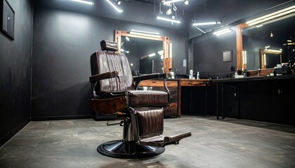 Stylish vintage barber chair in modern barbershop interior, professional hairstylist setting. Masculine vibe, perfect for beard grooming, men’s grooming concept, sleek and elegant atmosphere