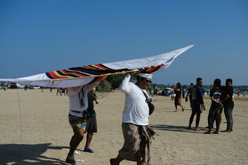 Group of boys carrying a large kite
