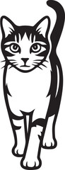 Stylized cat walking forward black and white feline, Graphic cat illustration in motion