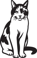 Sitting cat silhouette black and white, Feline animal illustration vector design