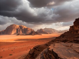 Dramatic Desert Landscape with Stormy Sunset Clouds