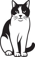 Sitting cat stylized black and white vector, Elegant feline design for print