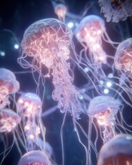 Fototapeta premium Glowing jellyfish in a dark underwater scene