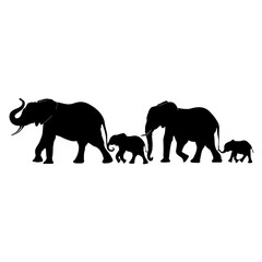 Fototapeta premium A striking silhouette of an elephant family walking together against a white background, with a mother, father, and two small baby elephants.