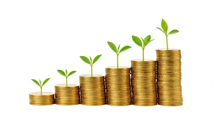 Growing Money Concept: Coins with Plants Financial Growth.