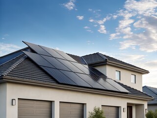 Obraz premium Modern House with Rooftop Solar Panels under a Partly Cloudy Sky