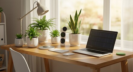 Fototapeta premium A sunlit workspace featuring a laptop, plants, and modern desk accessories, creating a productive and calming atmosphere.