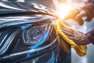 Close-up car detailing, headlamp polish