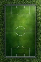 Obraz premium Aerial view of a green soccer field with bright grass texture and white game lines, perfect for sports design, background, or football concept art 