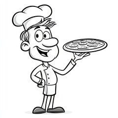 Cartoon chef holding a pizza on tray smiling wearing traditional hat and uniform black and white line drawing illustration isolated on white background
