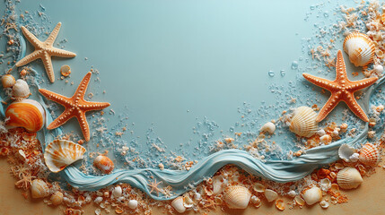 Dreamy seaside escape with starfish and shells on sandy beach evokes summer bliss