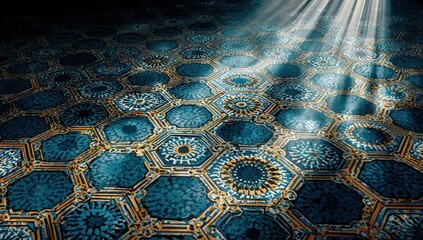 Geometric, intricate, hexagon tiled floor with light beams