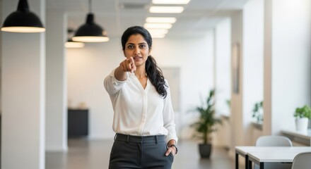 Fototapeta premium Confident Businesswoman Pointing Forward in Modern Office.