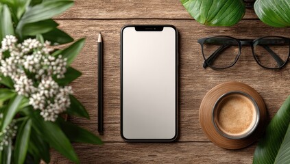 Smartphone, pencil, glasses, coffee, plants on wooden table