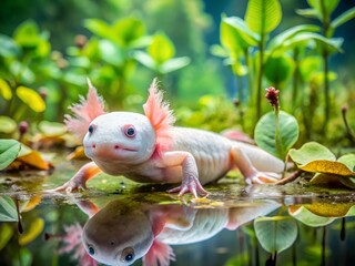 Albino Axolotl in Lush Aquatic Habitat