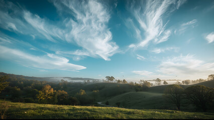 Peaceful Morning Hills with Dramatic Clouds and Misty Forest
