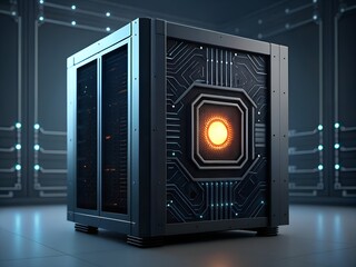 Fototapeta premium Glowing Orange Core Futuristic Metallic Cube Server