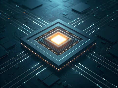 Glowing Central Processing Unit on Dark Circuit Board