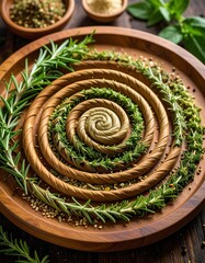 Artfully arranged spiral of fresh herbs showcasing natural textures and colors in a rustic wooden bowl.