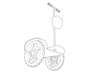 A modern, sleek self-balancing electric scooter with a comfortable seat, handle, and storage box, rendered in 3D in black and grey, on a PNG Transparent HD Background. Ideal for futuristic transport.