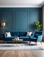 Contemporary living room design featuring blue sofa and greenery modern home aesthetic cozy environment view from entrance