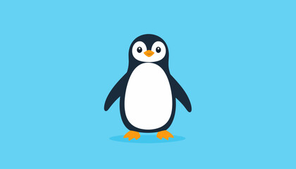 Obraz premium Adorable cartoon penguin character standing in a frontal pose. A cute, flat design with big eyes, an orange beak, and webbed feet.