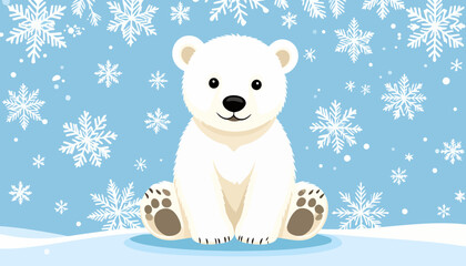 Adorable cartoon polar bear cub with fluffy white fur, sitting happily with a gentle smile and visible paw pads.