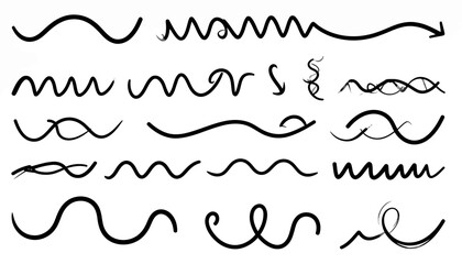 Set of hand-drawn black wavy and curly lines. Sketchy doodle elements including swirls, zigzags, and arrows.