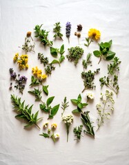 A colorful arrangement of diverse herbs and flowers on a white background, showcasing nature's beauty.