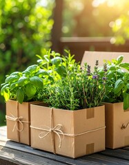 Three boxes of fresh herbs basking in sunlight, cultivating a vibrant garden atmosphere.