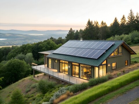 Modern Green House with Solar Panels on Hillside at Sunset