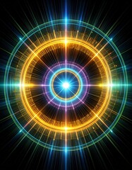 A vibrant circular abstract design featuring colorful rays of light radiating from a central point.